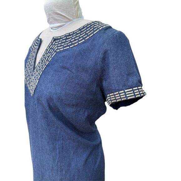 Dana Buchman Chambray Denim Dress Gold Metallic Neckline Sz. 14 - Picture 6 of 10